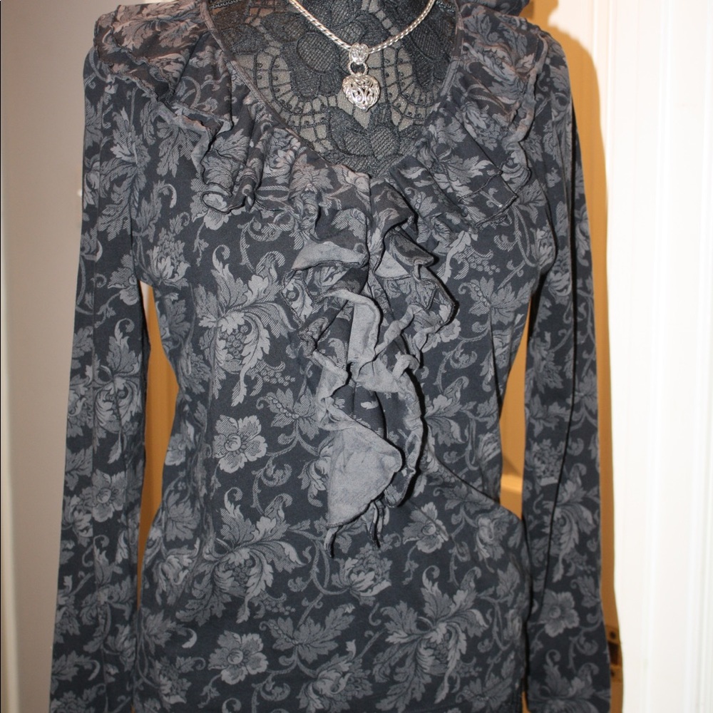 Lauren Ralph Lauren Charcoal Floral Ruffle Blouse